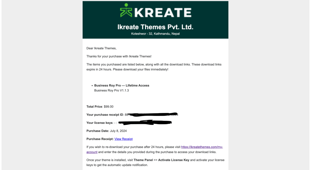Ikreate Themes Premium Purchase Receipt