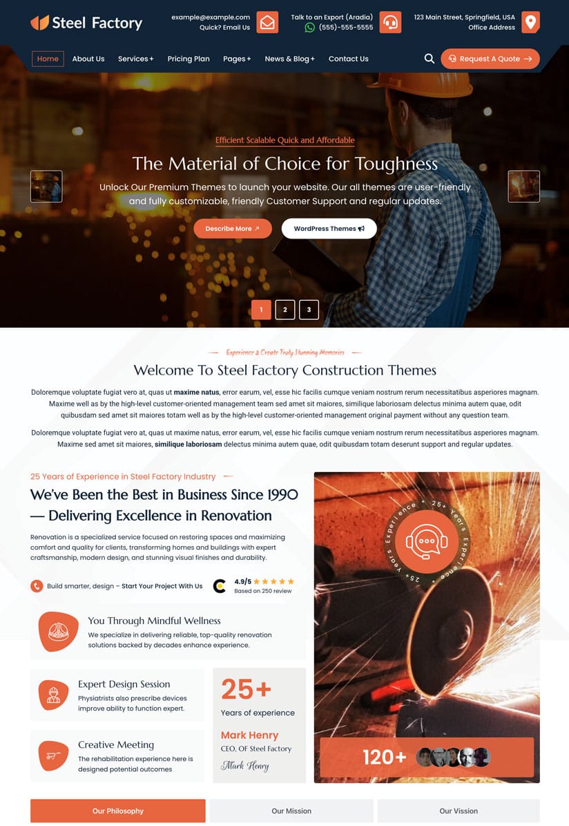 Steel Factory Service Construction WordPress Theme - Spark Construction Pro